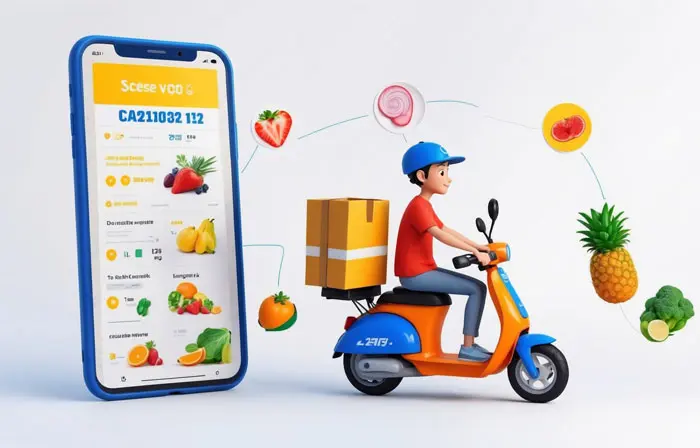 Online Food Ordering Concept Man on a Bike Delivering Food 3D Design Illustration